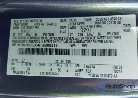 2015 Ford Escape Se z USA, uszkodzony, nr VIN 1FMCU0GX4FUB68919